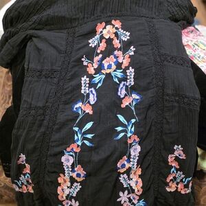 Free People Black Top with Floral Embroidery